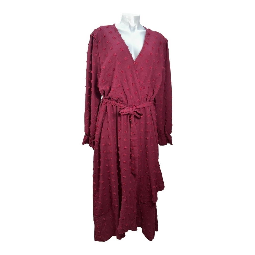 BTFBM Boho Maxi Dress XXL Burgundy Long Sleeve V-Neck Swiss Dot Ruffle Wrap New - Picture 3 of 14